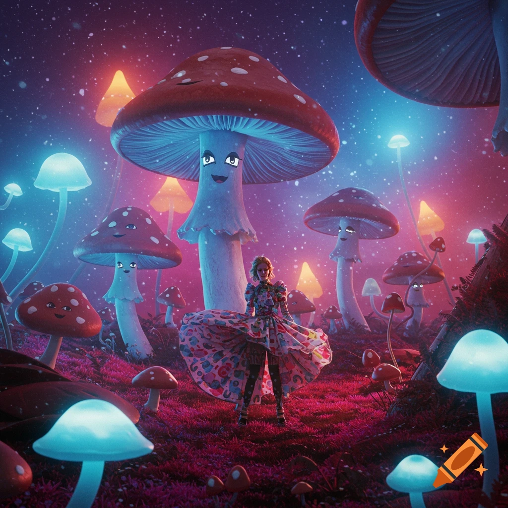 A woman in a patterned dress stands amidst glowing, smiling mushrooms in a surreal, vibrant fantasy forest.