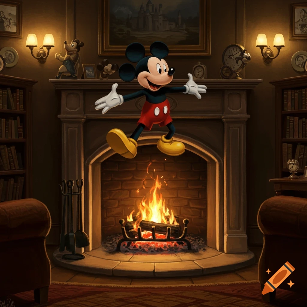 Mickey Mouse jumps over a roaring fireplace in a warmly lit, classic study with bookshelves.
