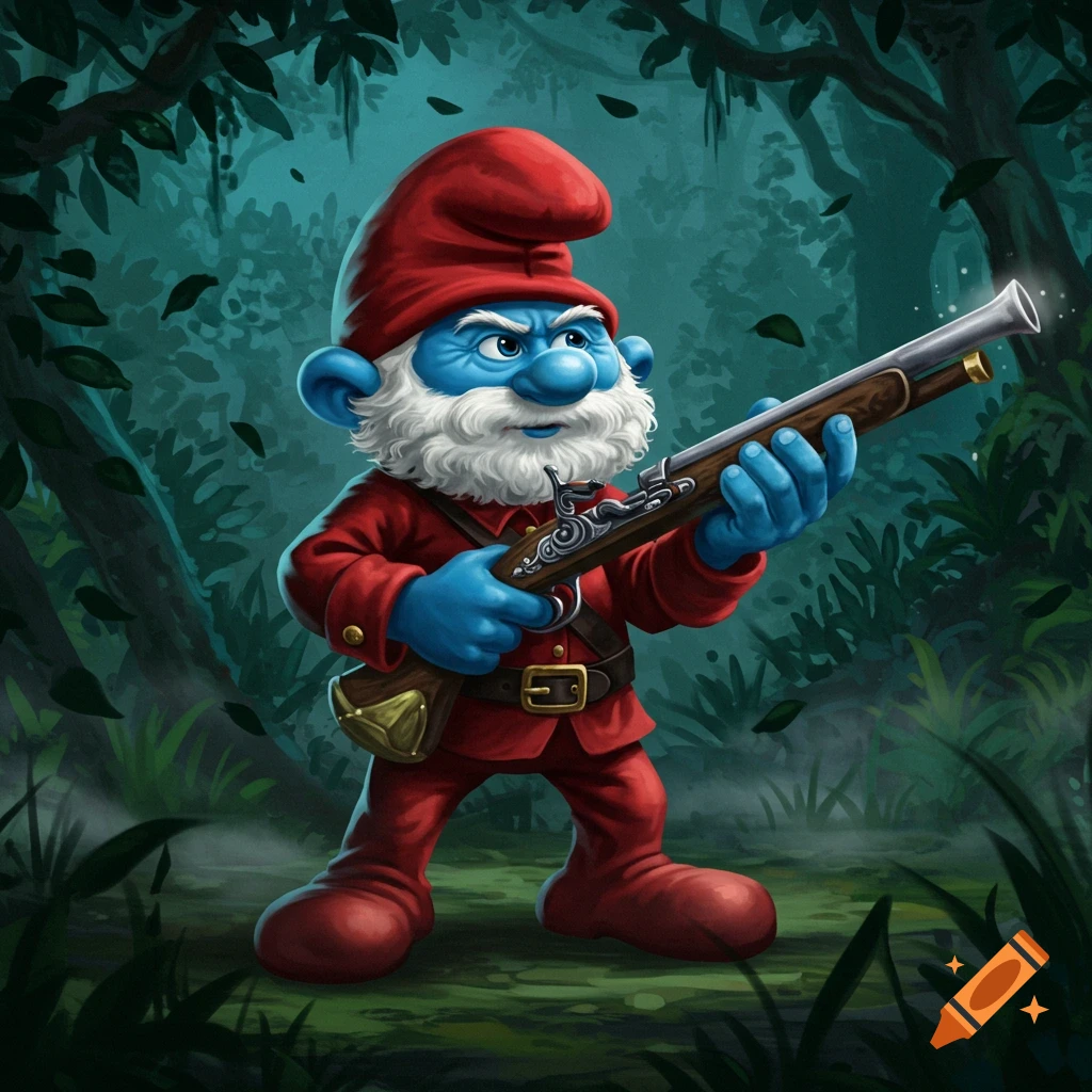 Papa Smurf with a white beard, red hat, coat, and boots holds a musket in a dark, stylized forest. Cartoon illustration.