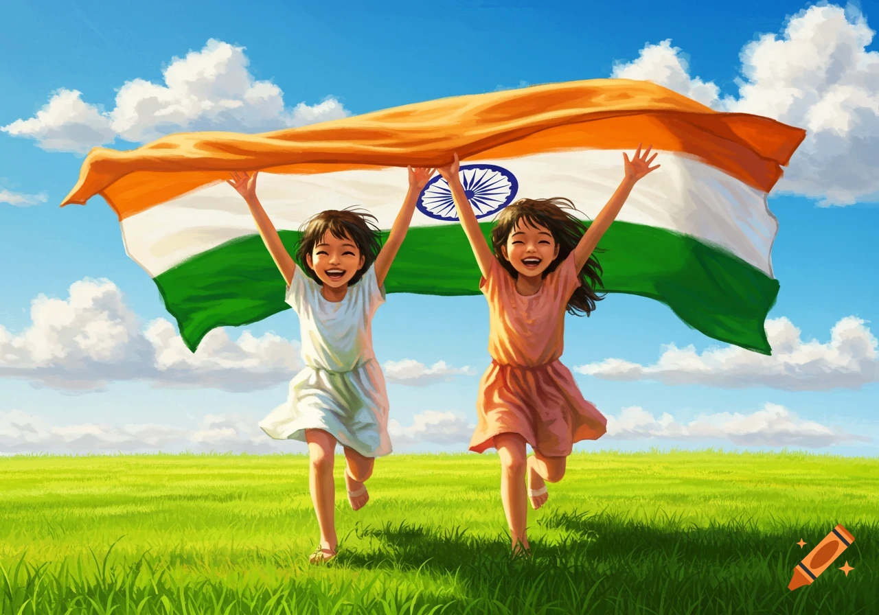 Two happy girls run through a grassy field holding a large Indian flag under a blue sky, in an illustrative style.