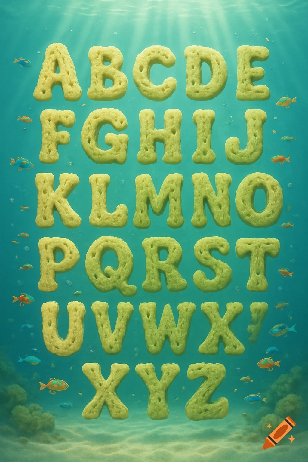 The English alphabet letters, made of yellow sponge, float underwater with colorful fish and coral.