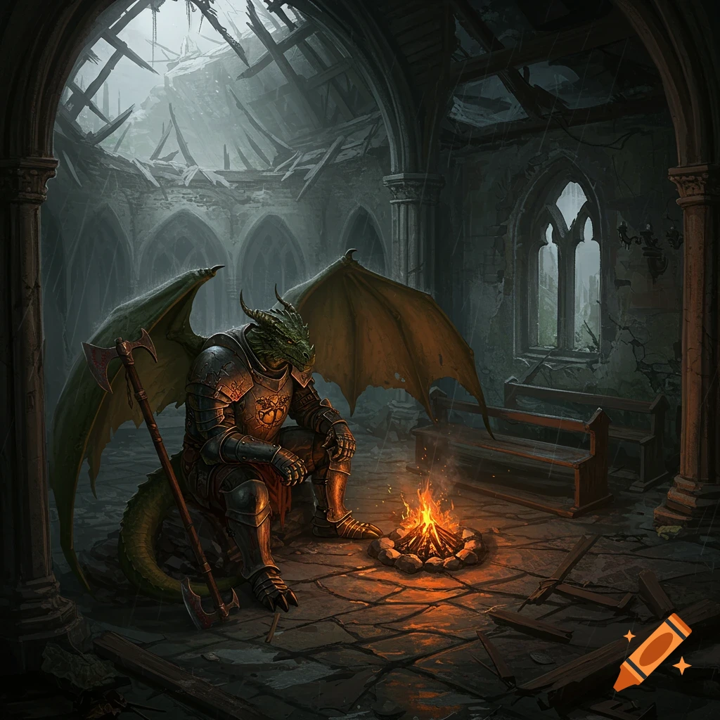Green Dragonborn warrior in armor sits by a campfire in a ruined church with rain falling, dark fantasy digital painting.