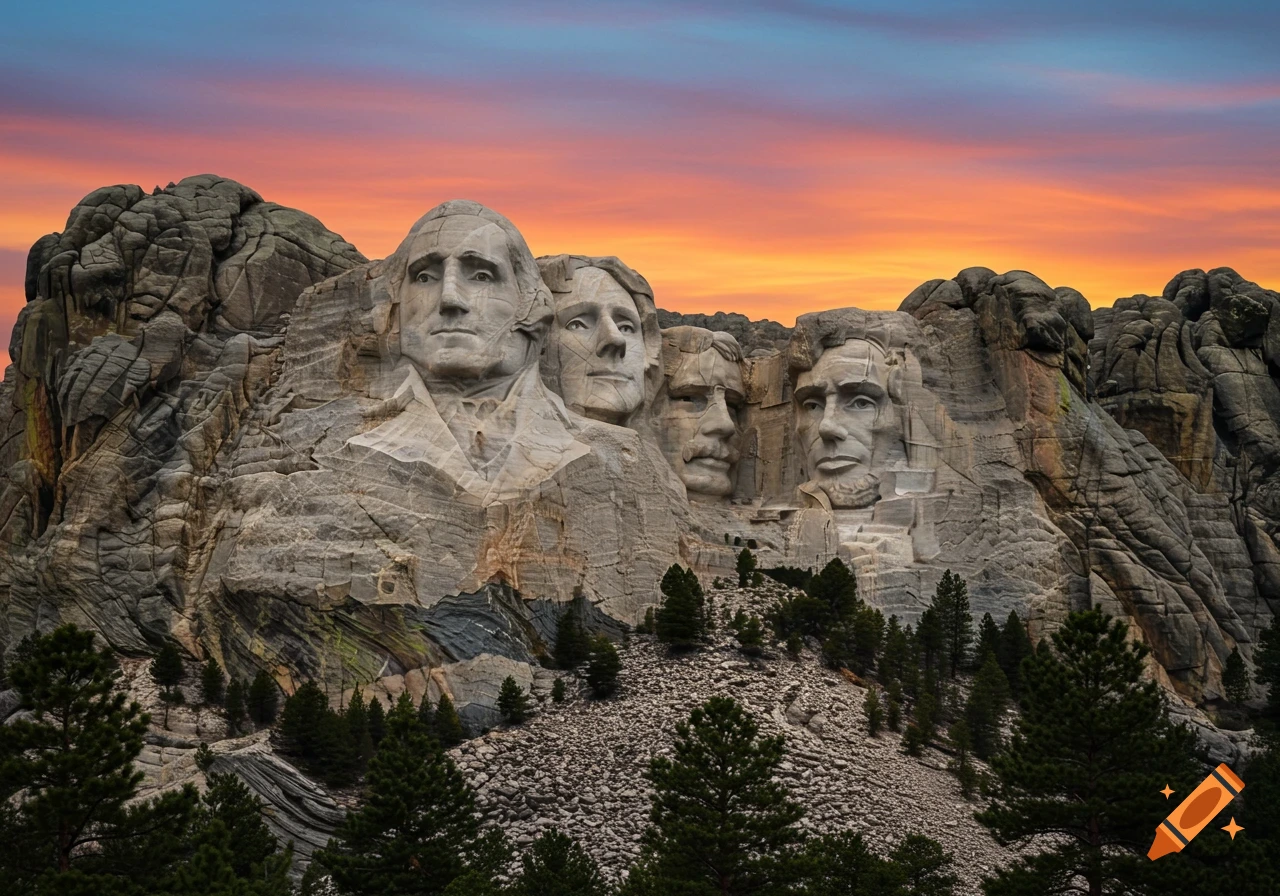 Mount Rushmore monument with four presidential faces carved into a mountain under a vibrant sunset sky.