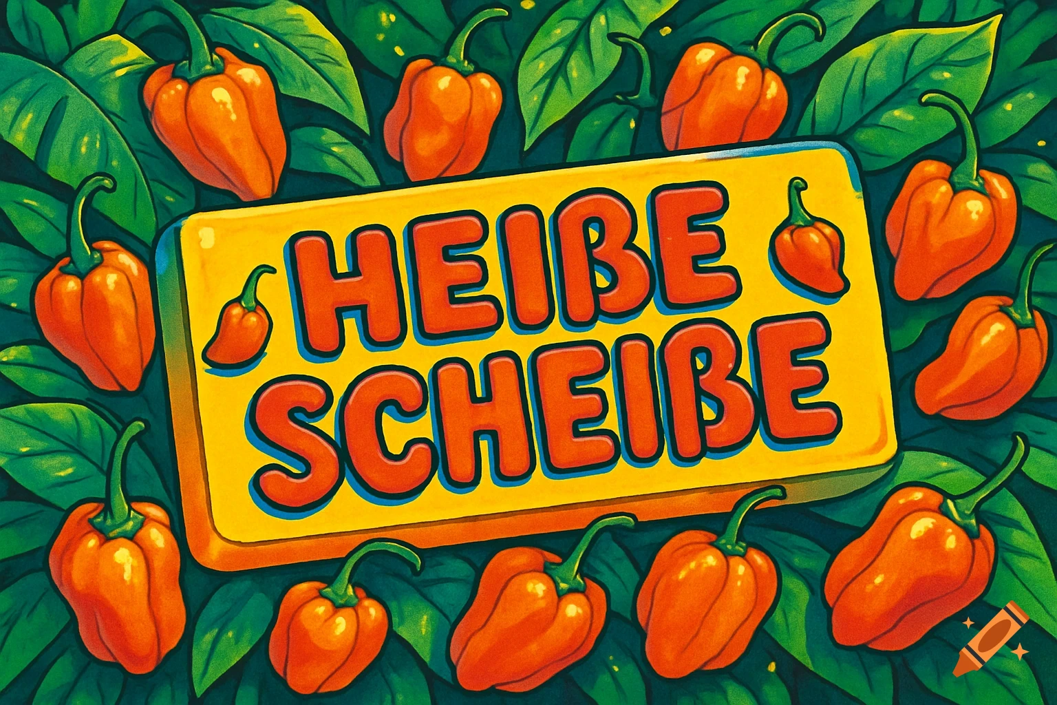 A vibrant comic-style illustration featuring 'HEISSE SCHEISSE' on a yellow sign, surrounded by orange habanero peppers and green leaves.