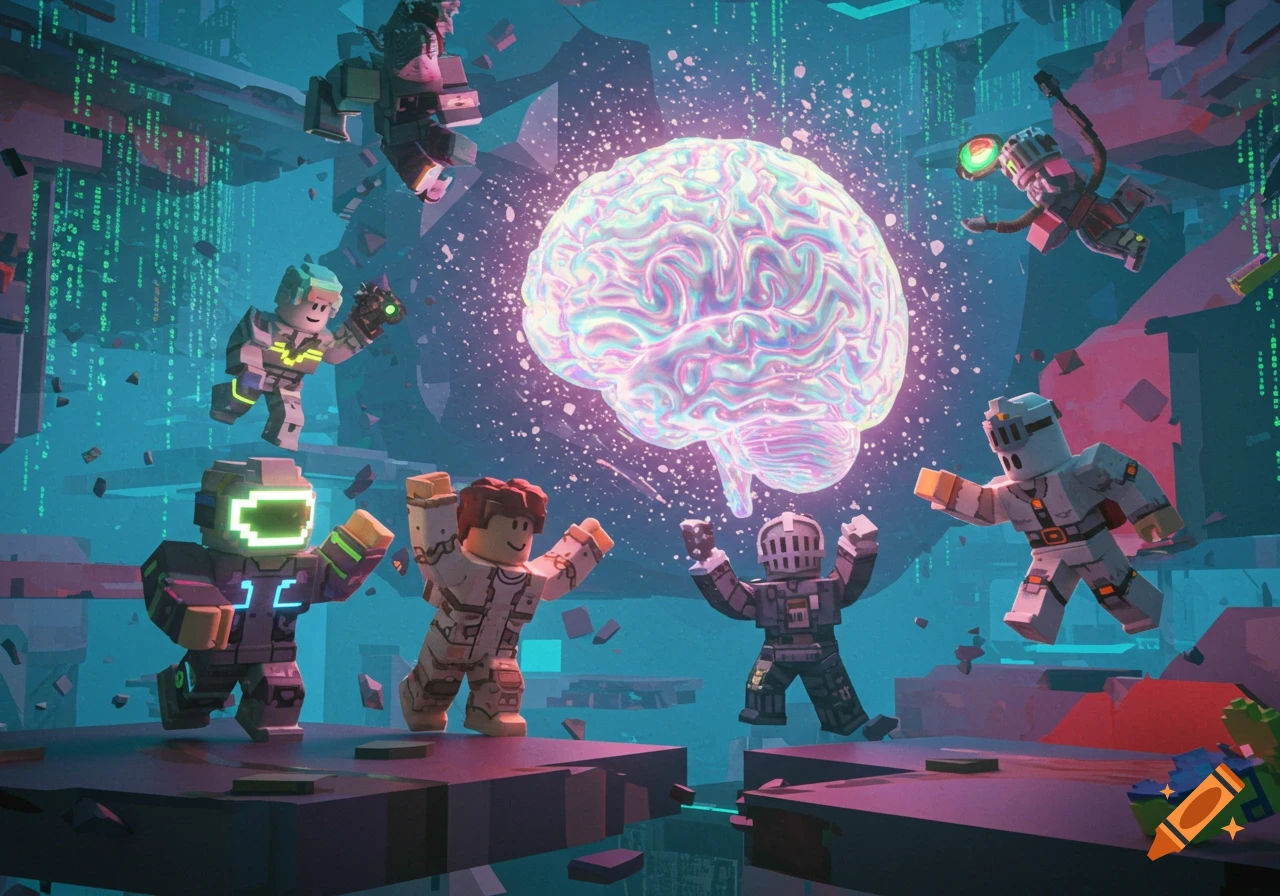 Roblox-style characters surround a glowing, iridescent brain in a futuristic digital world with green matrix code.