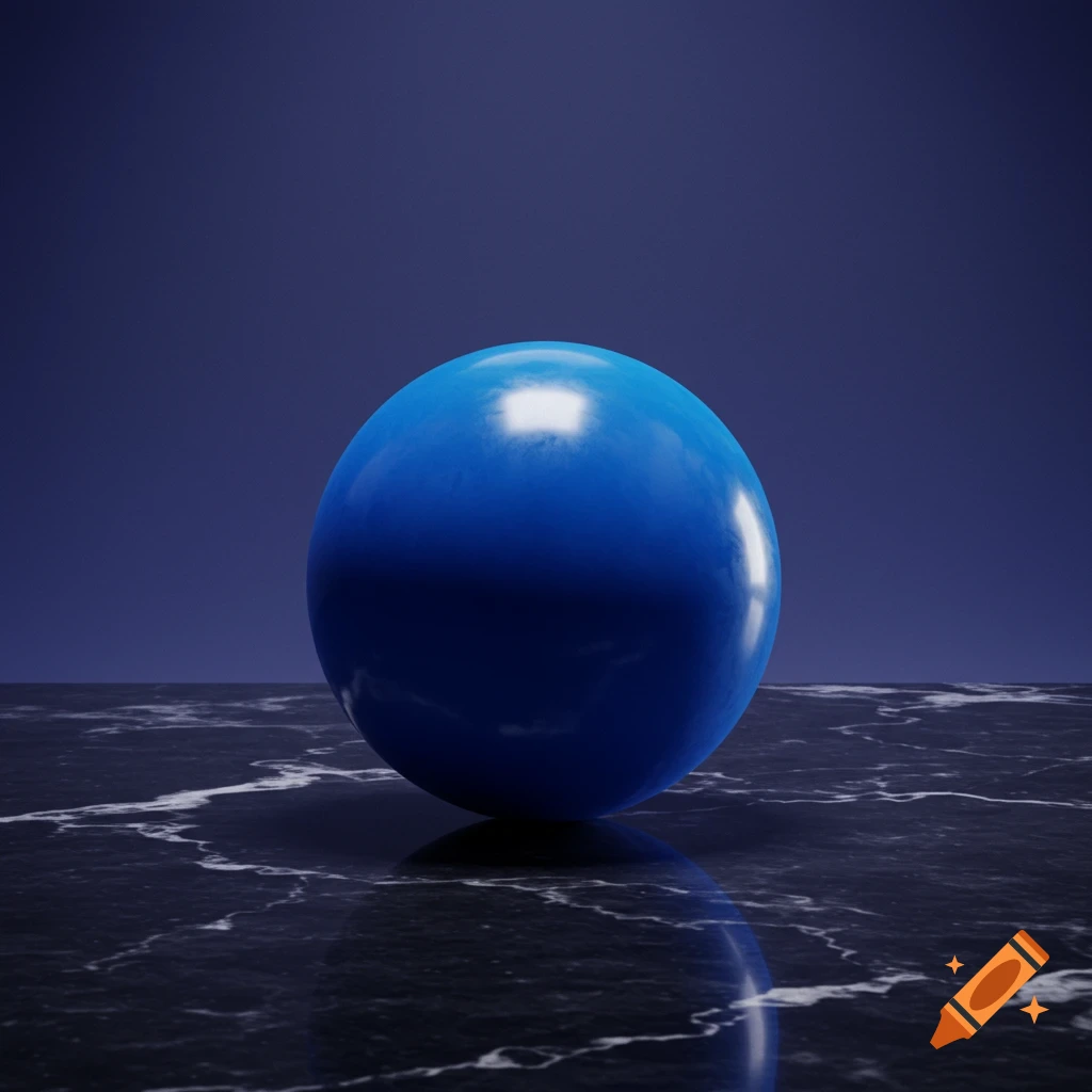 A glossy bright blue sphere rests on a dark, reflective marble surface against a deep blue background.