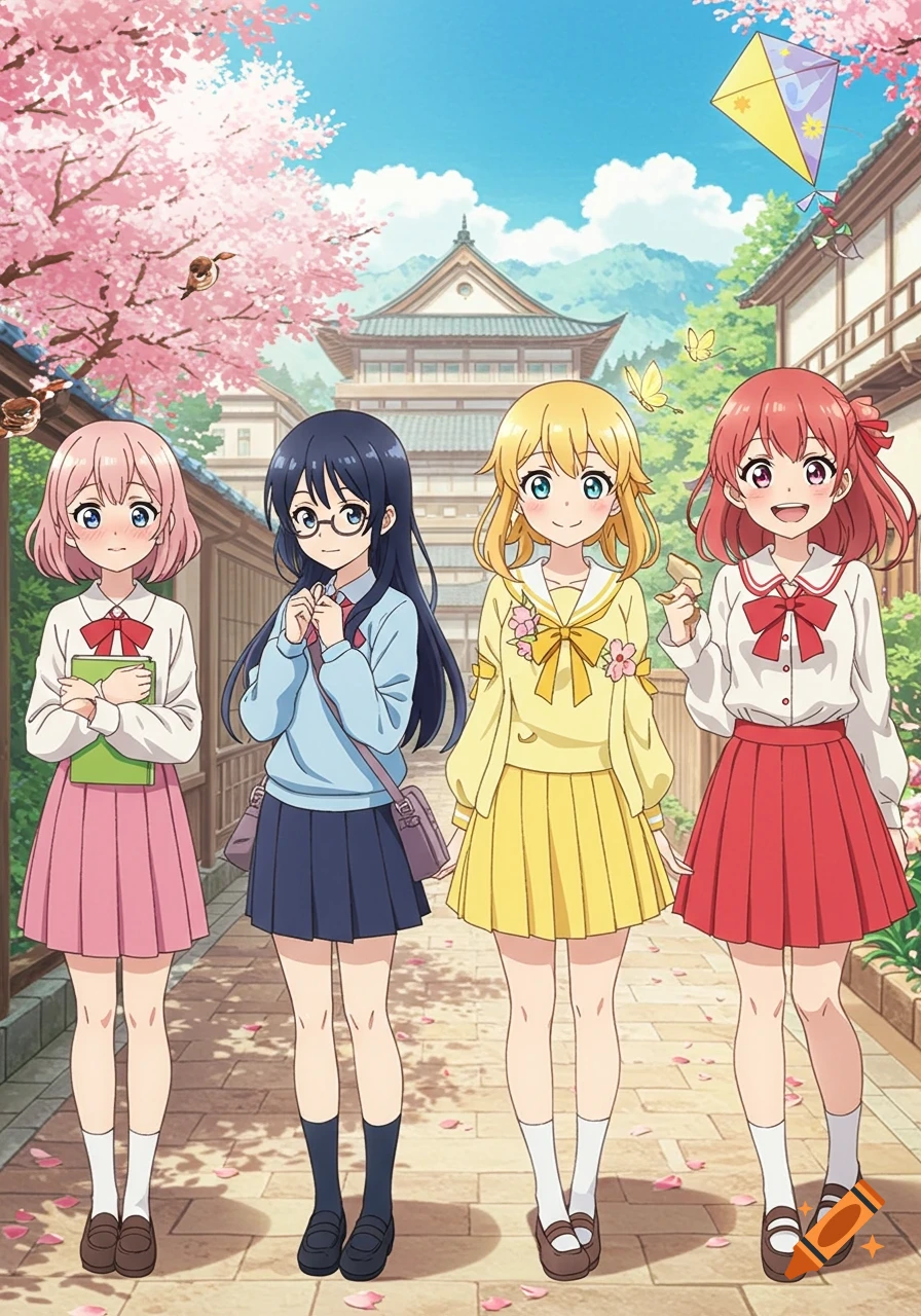 Four anime schoolgirls walk down a cherry blossom-lined path in a traditional Japanese village with a temple in the background.