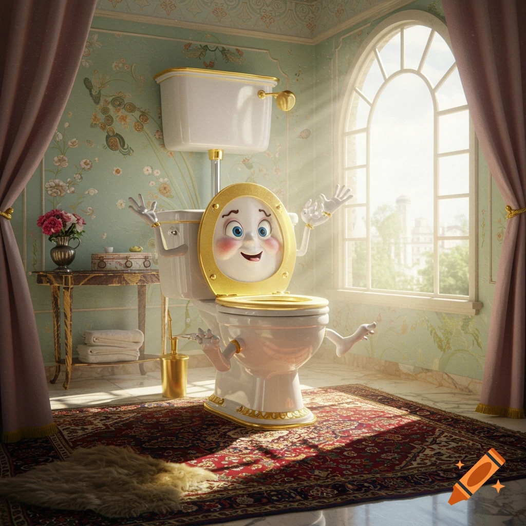 A cartoonish, white and gold anthropomorphic toilet with a smiling face stands in a luxurious, sunlit bathroom.