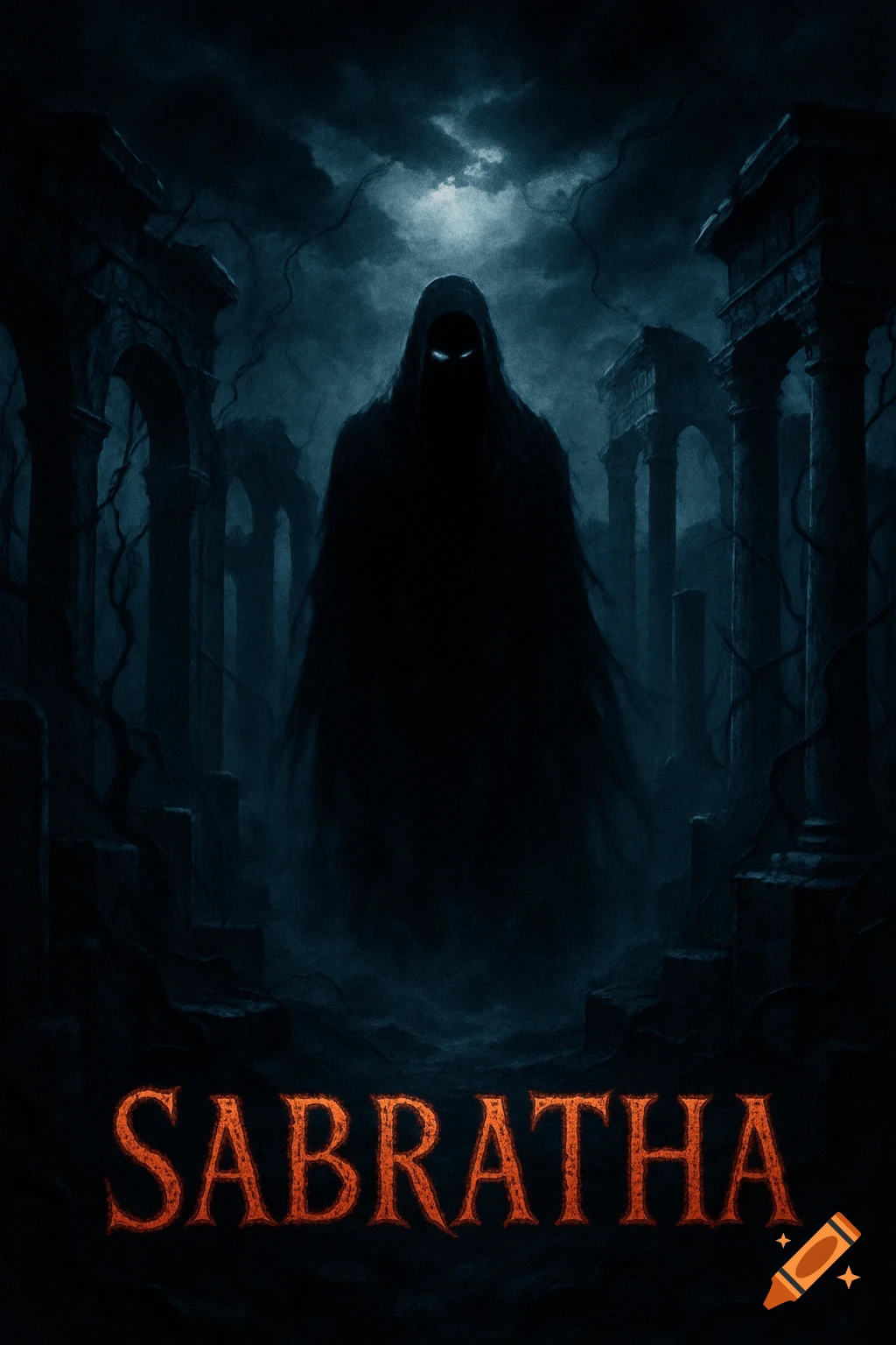 A dark, hooded figure with glowing eyes stands amidst ruined arches under a stormy sky, with 'SABRATHA' text at the bottom.