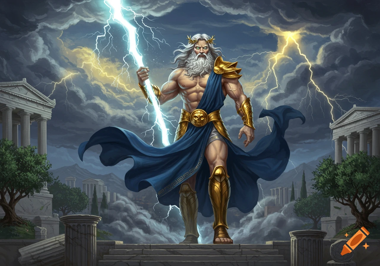 Muscular Zeus, king of gods, holds a lightning bolt amidst a stormy sky with ancient Greek temples in a detailed digital painting.