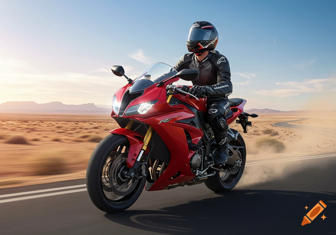 A person in full gear rides a red sport motorbike on a desert road under a clear sky.