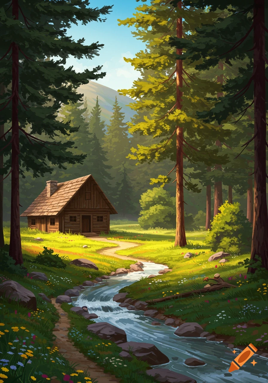 A colorful illustration of a wooden cabin by a stream in a sunlit pine forest with a winding path.
