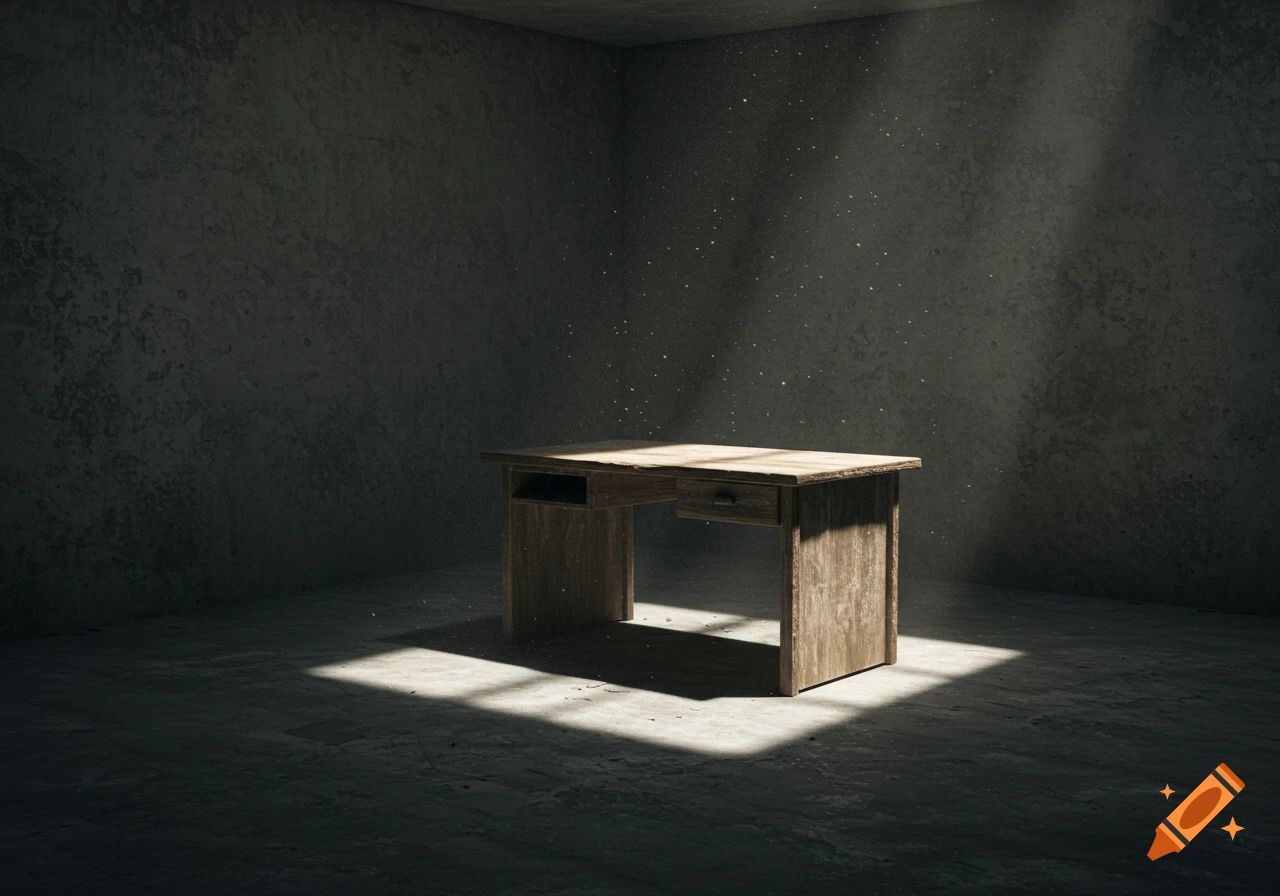 A dilapidated concrete room with a single wooden desk, a shaft of sunlight illuminating dust motes in the air.