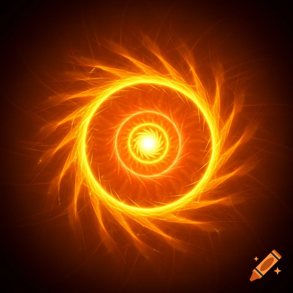 A bright, fiery orange and yellow spiral, resembling a sun or star, radiating light from its center against a dark background.