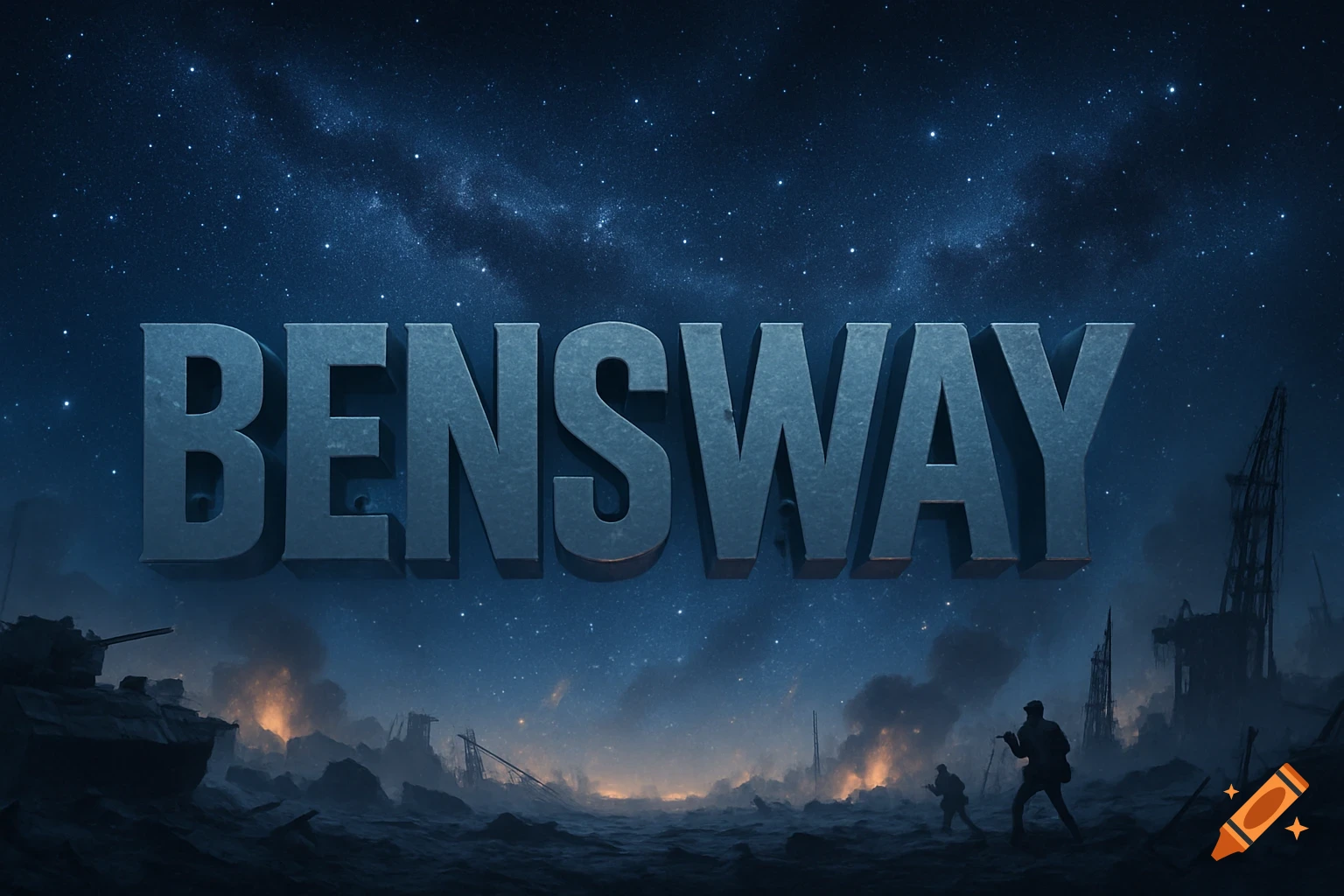 A bold, 3D text 'BENSWAY' floats against a starry night sky above a war-torn landscape with tanks and soldiers.