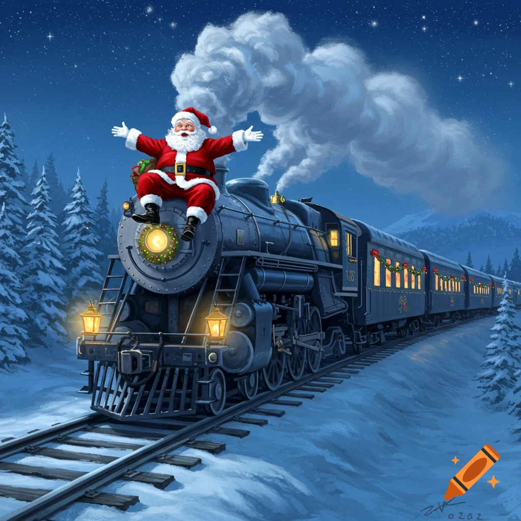 Santa Claus sits on the front of a decorated steam train traveling through a snowy winter night landscape under a starry sky.