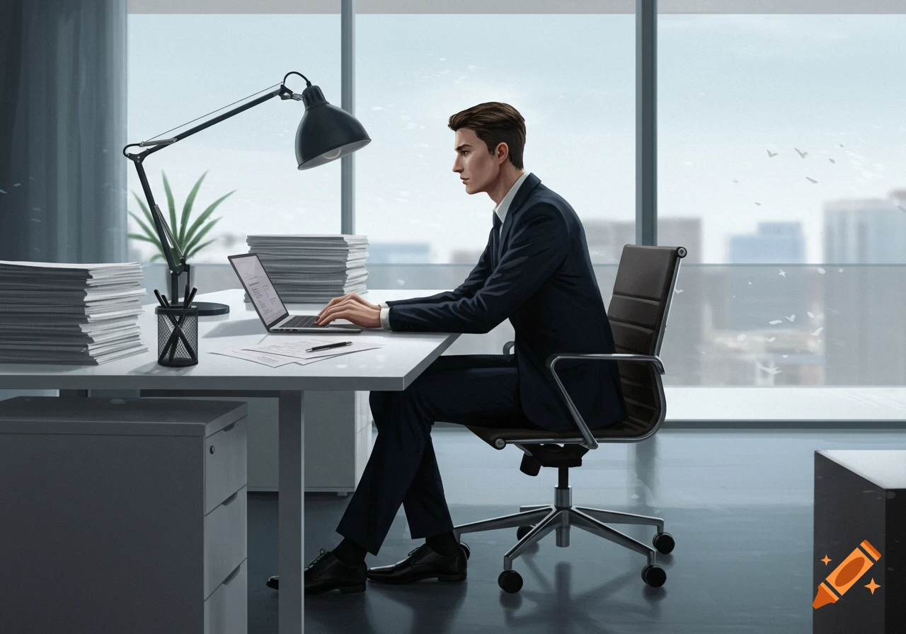 A man in a dark suit sits at a white desk in a modern office, typing on a laptop with a bright window view, in a photorealistic style.