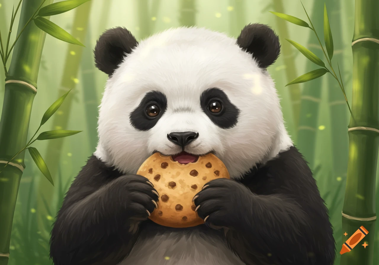 A cute baby panda with big eyes holds and eats a chocolate chip cookie in a lush bamboo forest, rendered in a illustrative style.