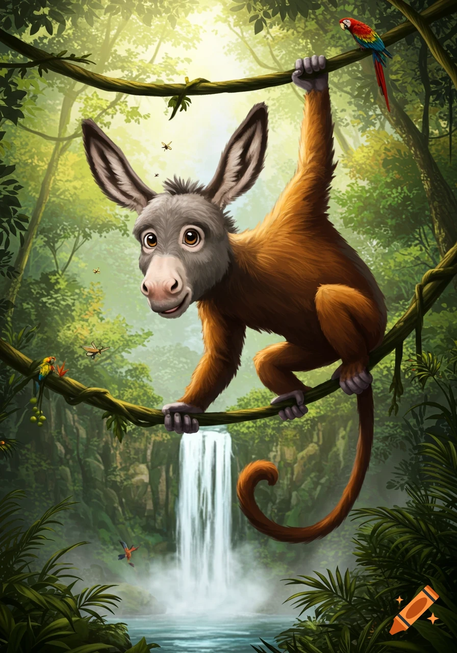 A cartoonish monkey with a donkey head hangs from a vine in a vibrant jungle with a waterfall.