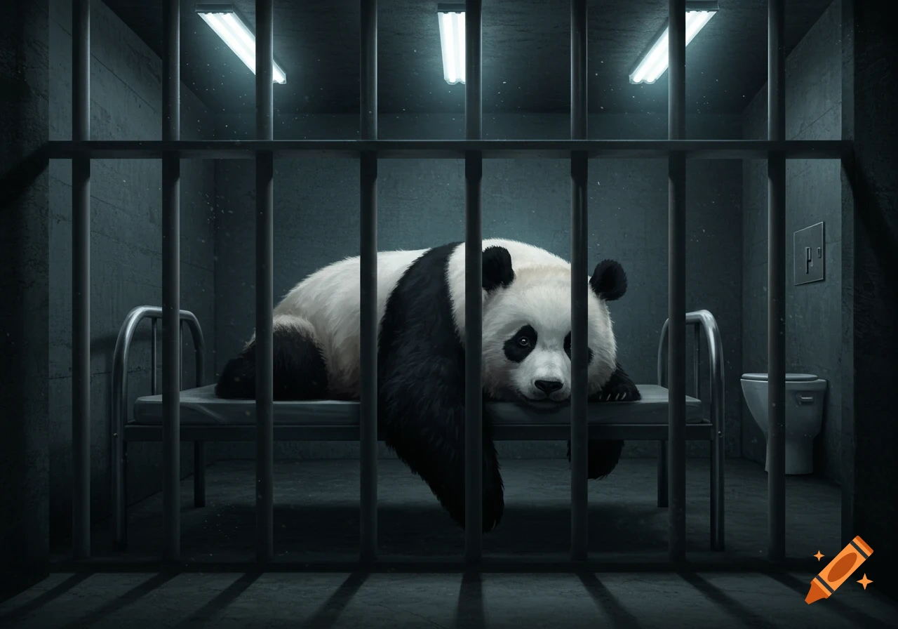 A forlorn panda lies on a cot behind metal bars in a dim jail cell with a toilet. Digital art.