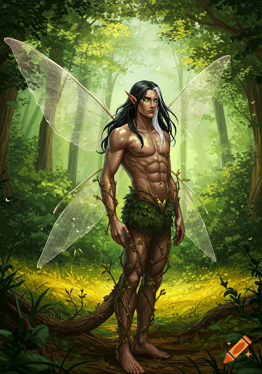 Muscular male fae with long black hair, white streak, green eyes, and transparent wings in a lush green forest, wearing a leafy loincloth.