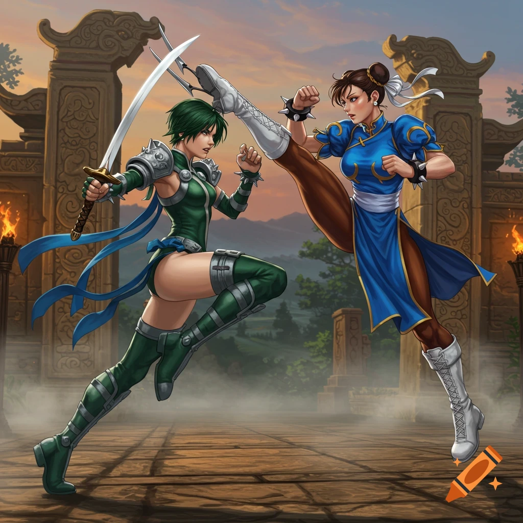Two female fighters, one in green with a sword and one in blue performing a high kick, battle in front of ancient stone arches at sunset.