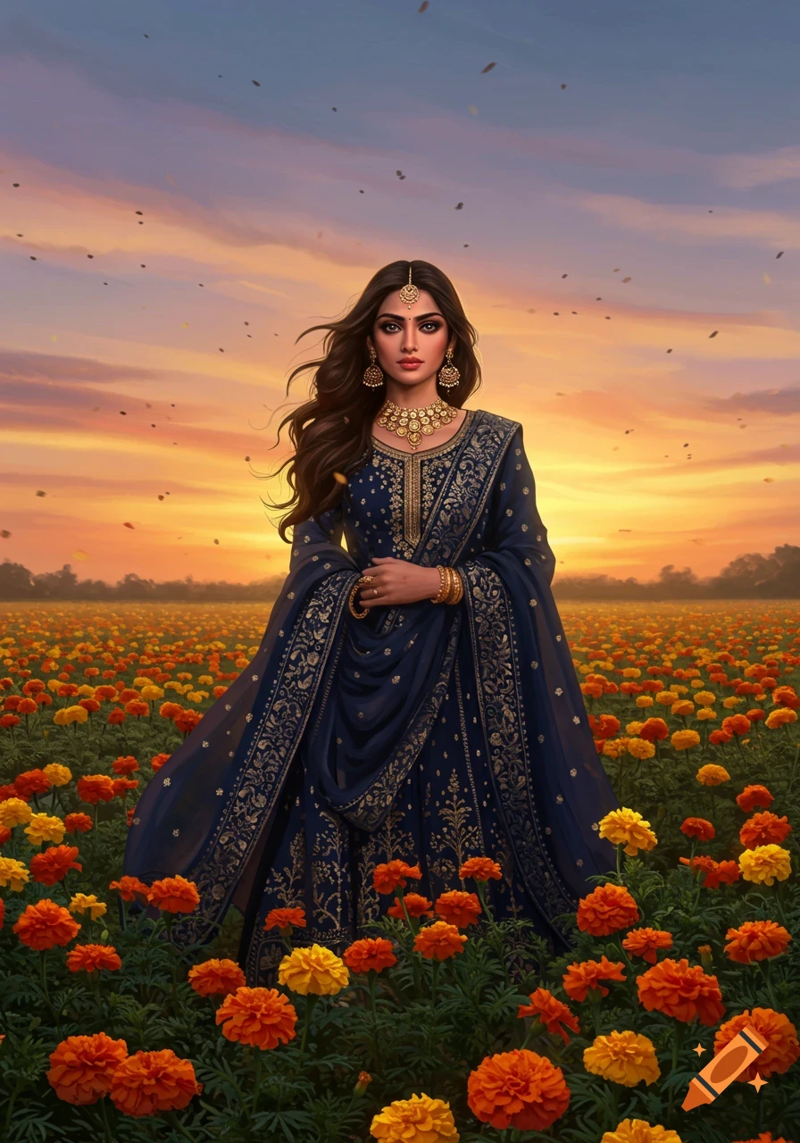 Digital art of a woman in a dark blue and gold traditional dress standing in a field of orange and yellow marigolds at sunset.