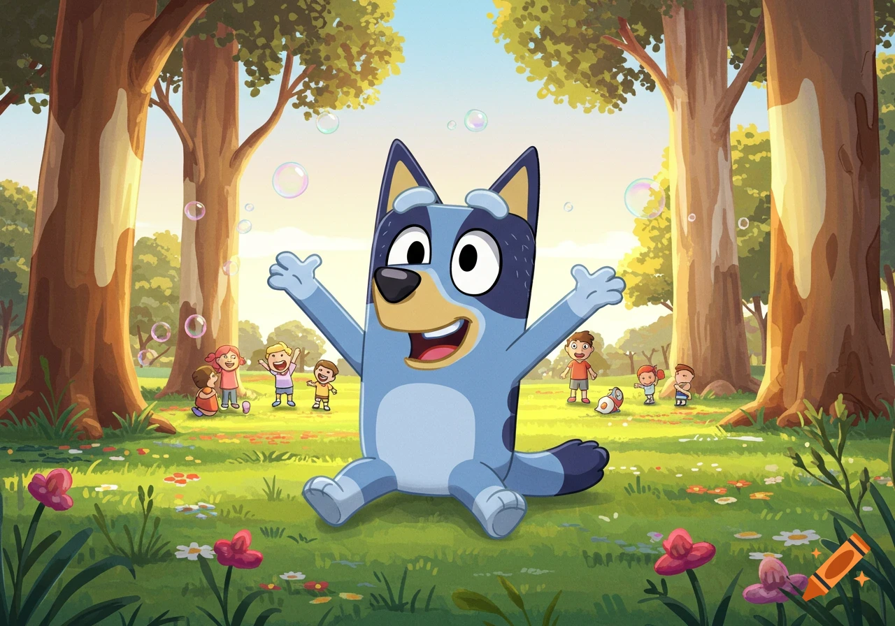 Bluey the blue dog sits in a sunny grassy field with arms outstretched, surrounded by bubbles and playing children in this cartoon illustration.