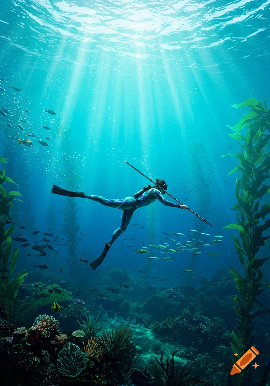 A spearfisher in a wetsuit swims through a vibrant underwater kelp forest, surrounded by schools of fish and sun rays.