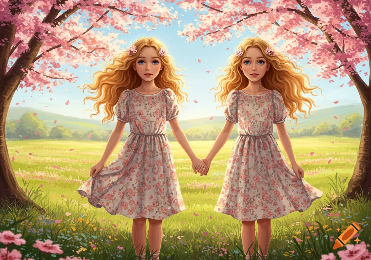 Two identical young girls with long blonde hair and floral dresses hold hands under an arch of pink cherry blossom trees in a vibrant green field.