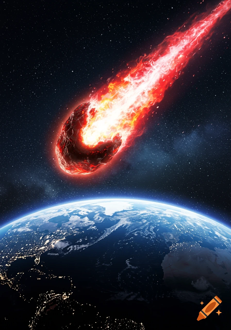 A glowing red and orange meteorite with a long fiery tail approaches a blue Earth from space, with city lights visible.