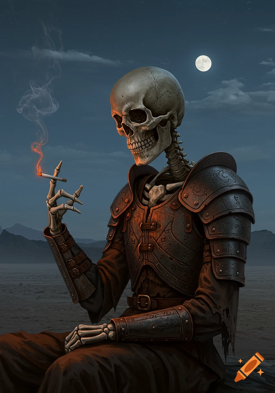 A detailed skeleton in weathered leather armor and dark robes sits in a desolate landscape at night, smoking a cigarette under a full moon.