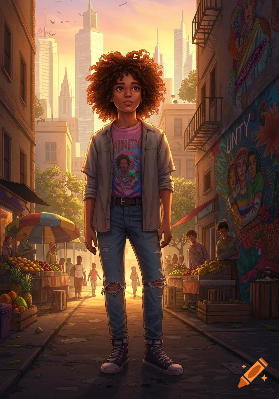 An adolescent with curly hair stands in a vibrant, stylized street market with murals and city buildings in the background.