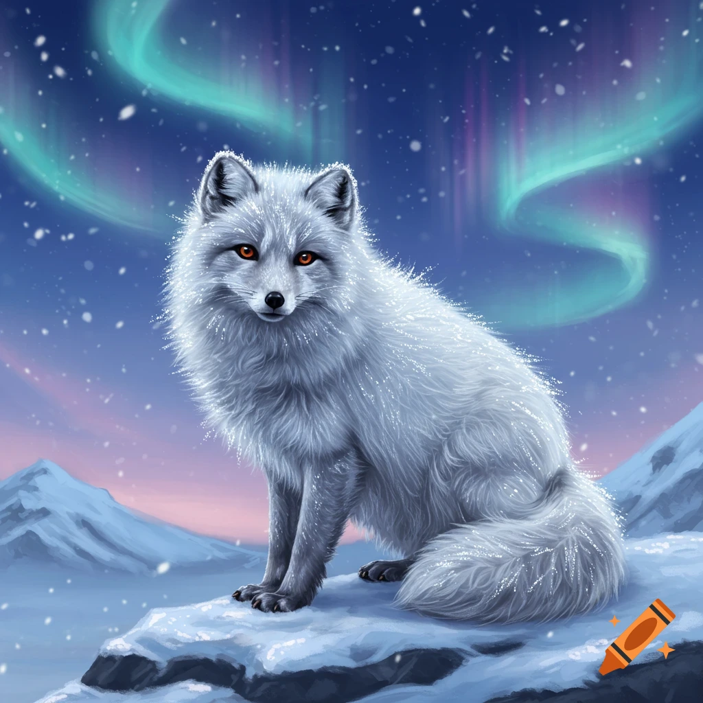 A white arctic fox sits on a snowy mountain under a vibrant green and purple aurora borealis as snow falls. Digital painting.
