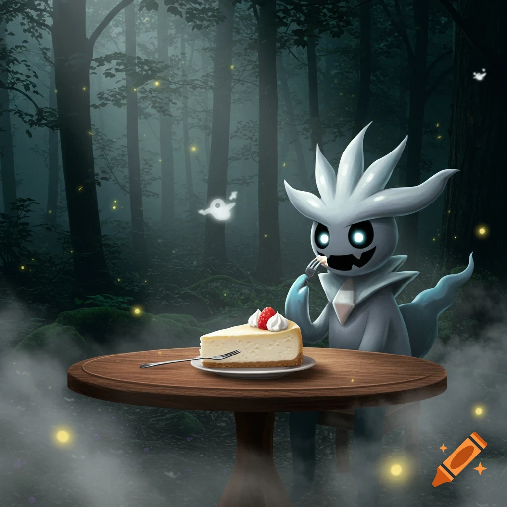Lost Silver, a ghost-like Pok emon, eats cheesecake at a wooden table in a foggy, dark forest with glowing fireflies and spirits. Digital illustration.
