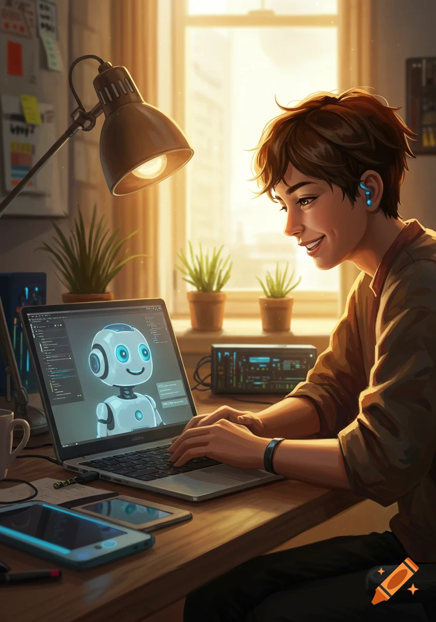 A smiling young man with blue earbuds works on a laptop, coding a friendly robot on screen, at a sunlit desk.