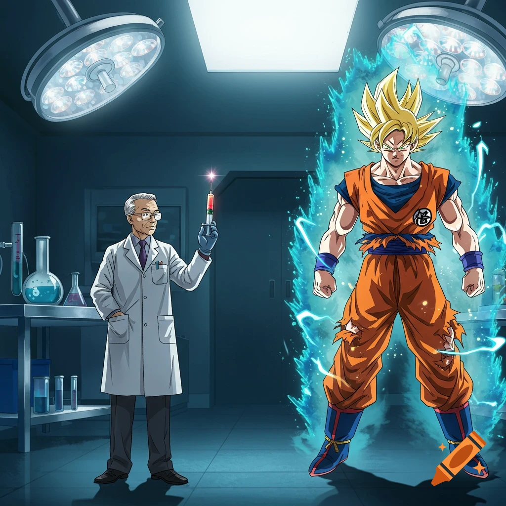 An anime-style image of an endocrinologist holding a syringe, facing a powered-up Goku in a science lab.