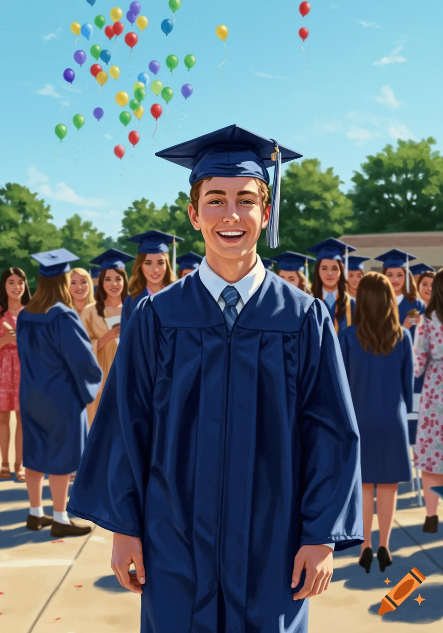 A smiling teen boy in a navy blue graduation cap and gown stands among other graduates outdoors, with colorful balloons flying in a bright blue sky.