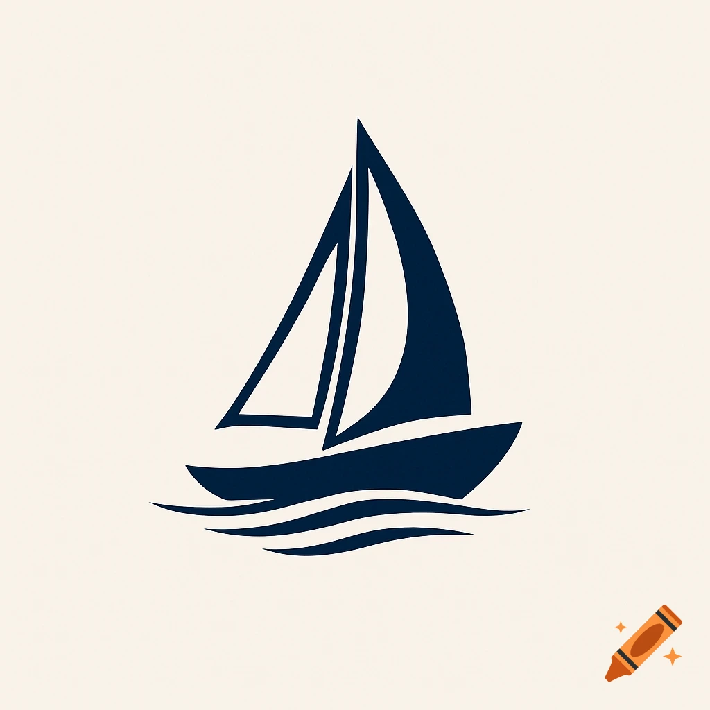 A minimalist dark blue sailboat logo with waves on a light background.