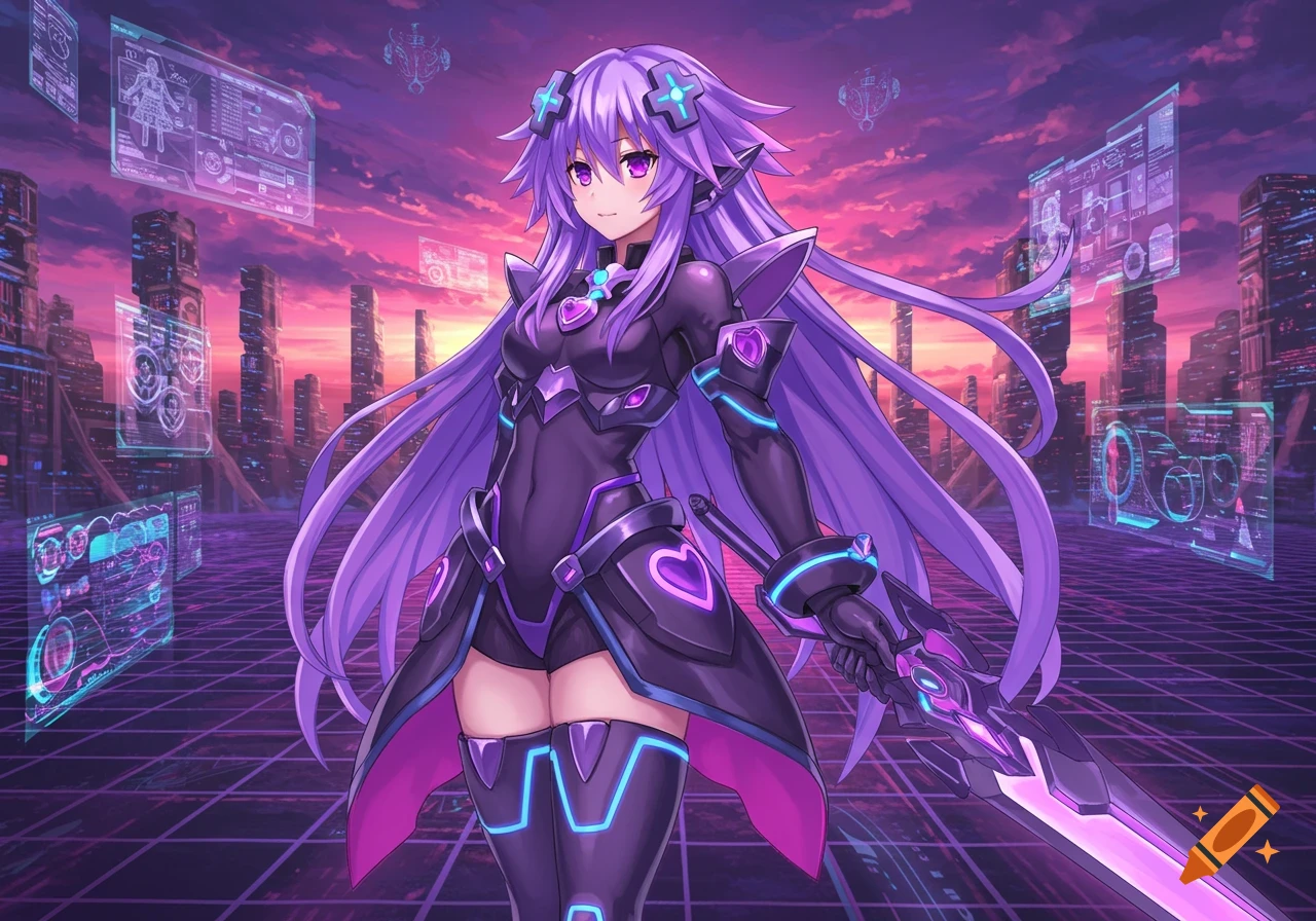 An anime girl with long purple hair, wearing black futuristic armor with glowing purple accents, holds a matching glowing sword. She stands on a grid-patterned ground with a neon-lit cityscape and holographic screens under a pink and purple sky.