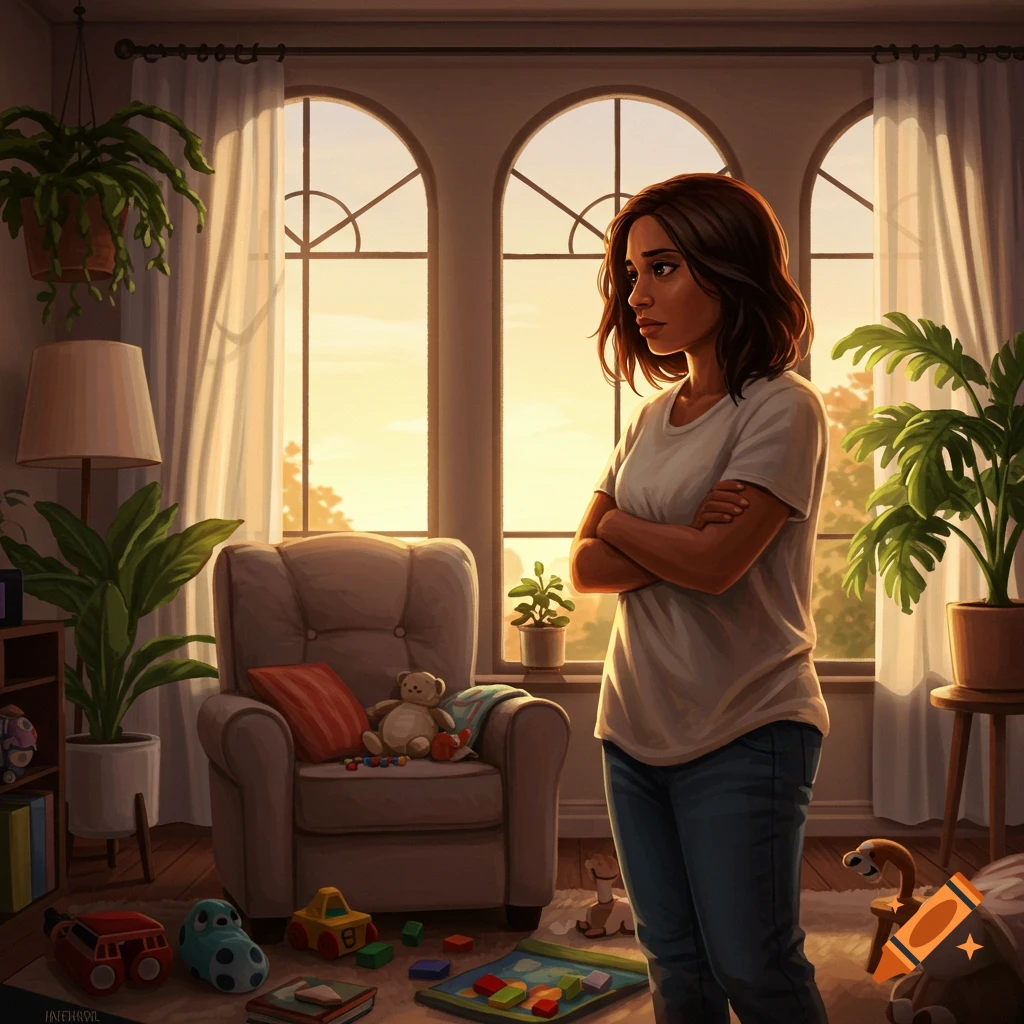 Illustrated image of a pensive woman standing with crossed arms in a sunlit room filled with plants and children's toys.