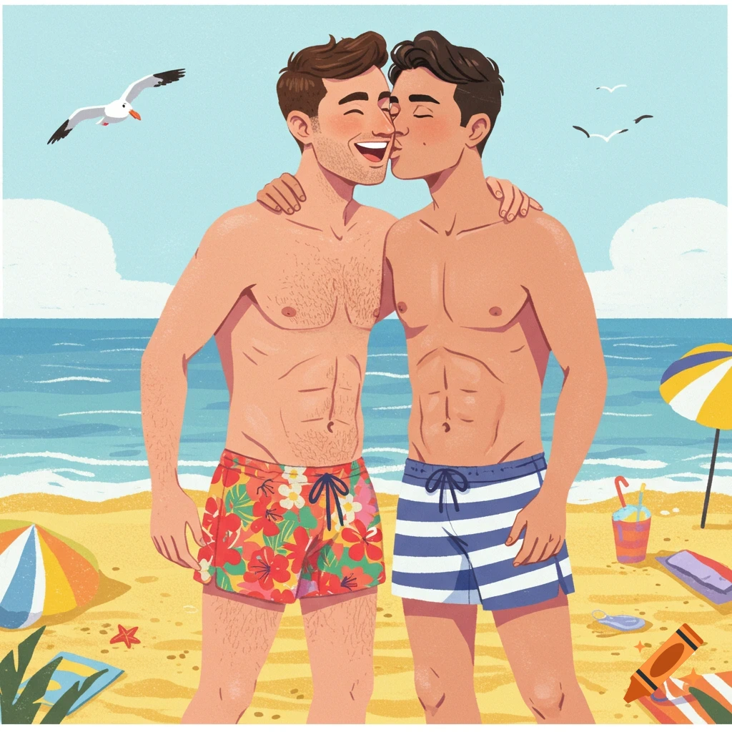 Cartoon illustration of two men kissing on a sunny beach, with seagulls flying and an umbrella in the background.