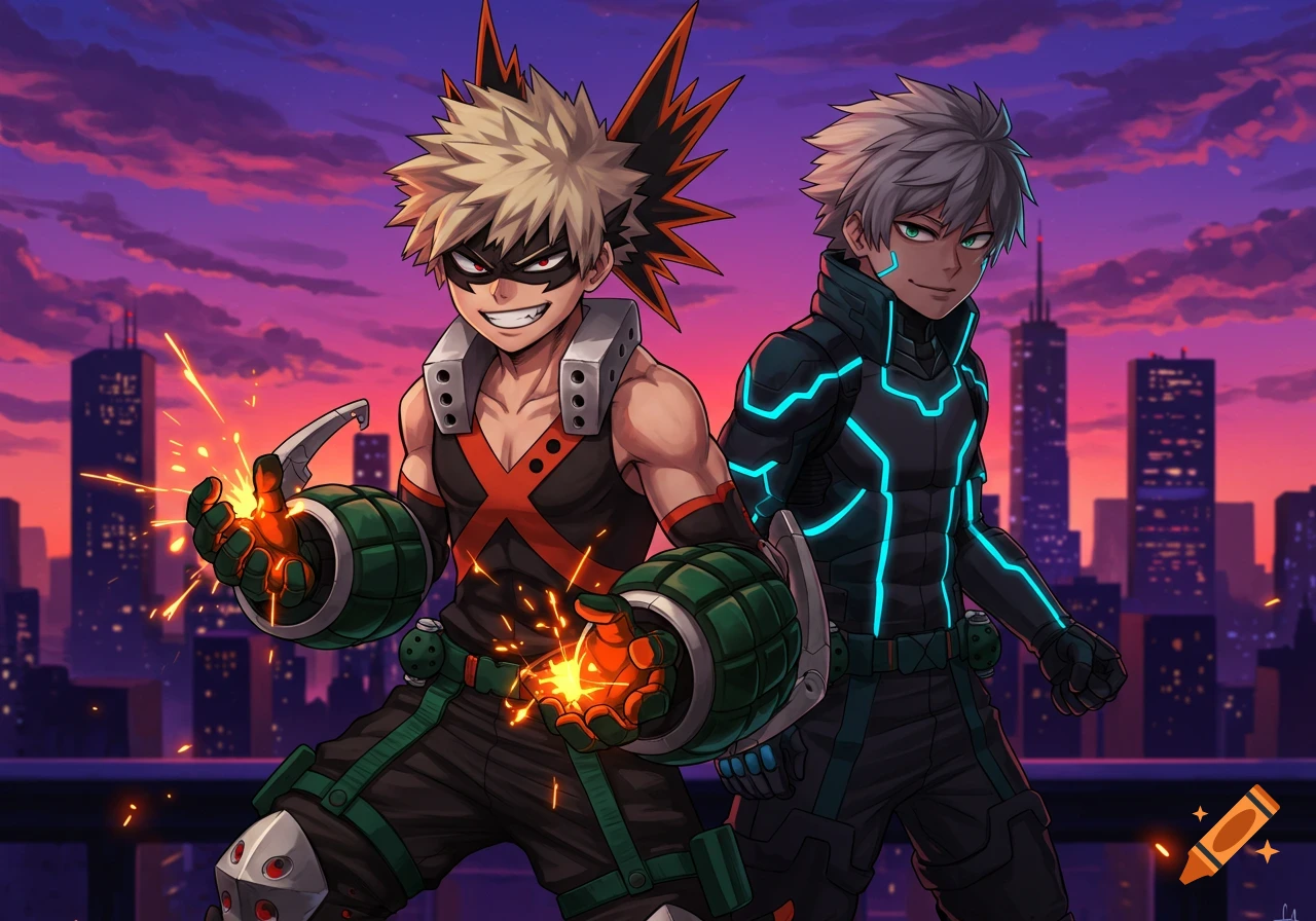 Anime art of Katsuki Bakugo and another character on a rooftop at sunset, with Bakugo's hands sparking.