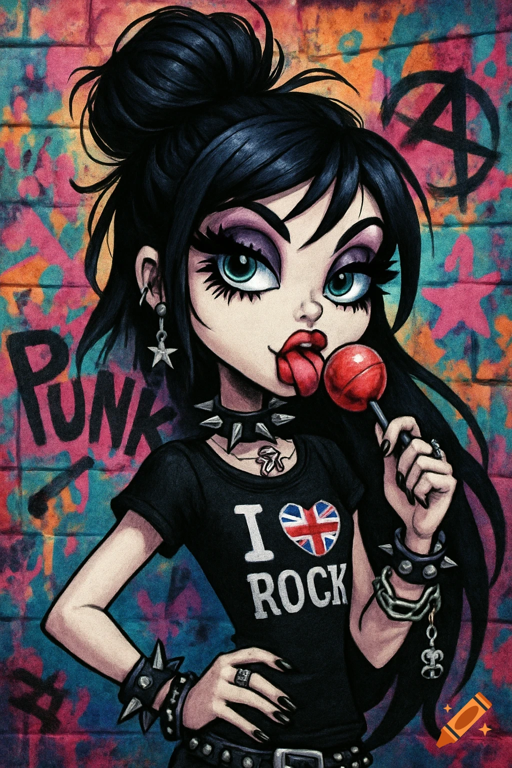 Cartoon gothic punk girl with black hair, big eyes, holding a lollipop, wearing an 'I ♥ Rock' shirt and spiked jewelry against a graffiti wall.