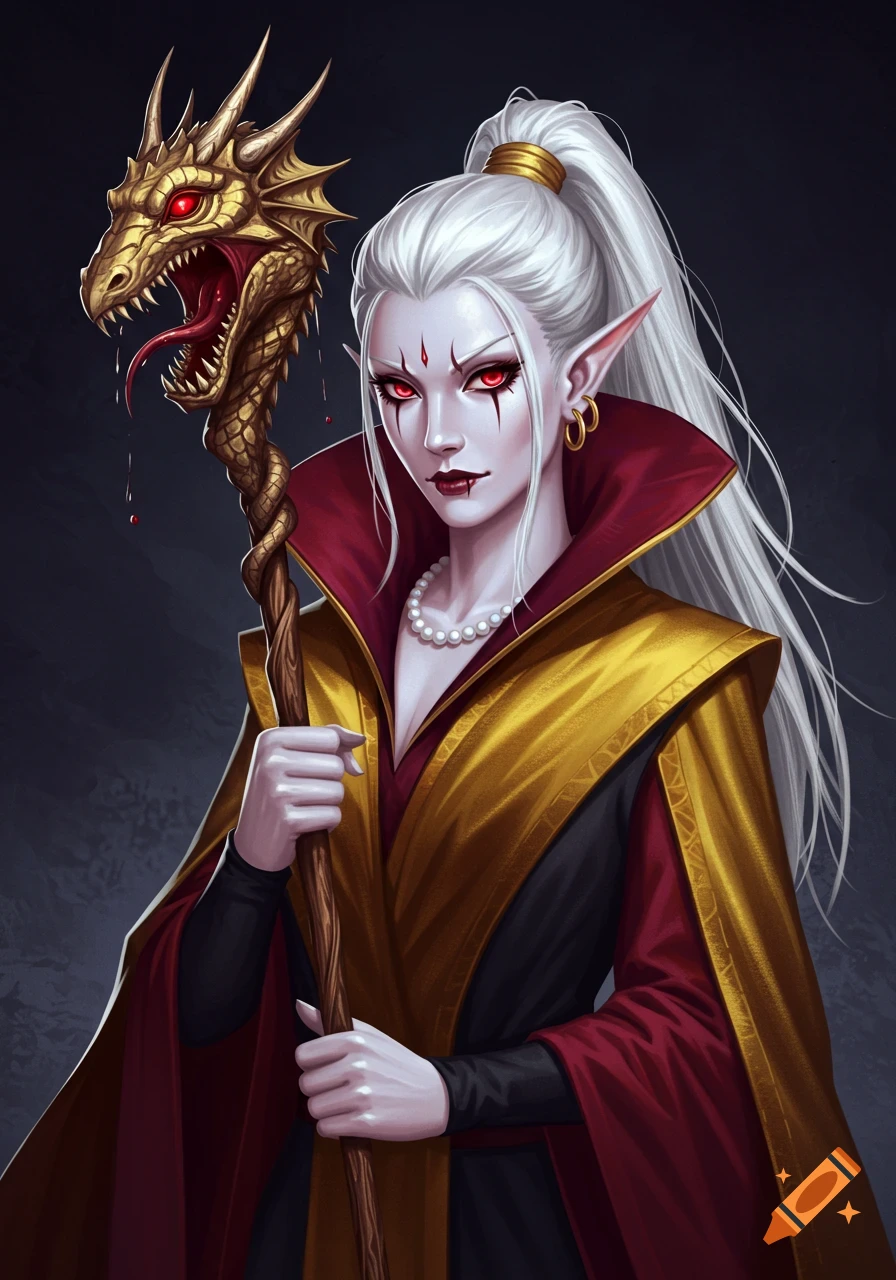 A pale, white-haired female elf with red eyes and a severe expression holds a golden dragon-headed staff, wearing a red and gold robe with a pearl necklace.