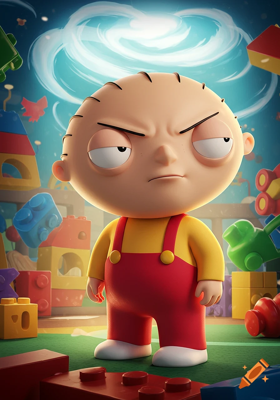 Stewie Griffin stands defiantly in a playroom surrounded by colorful building blocks and toys.