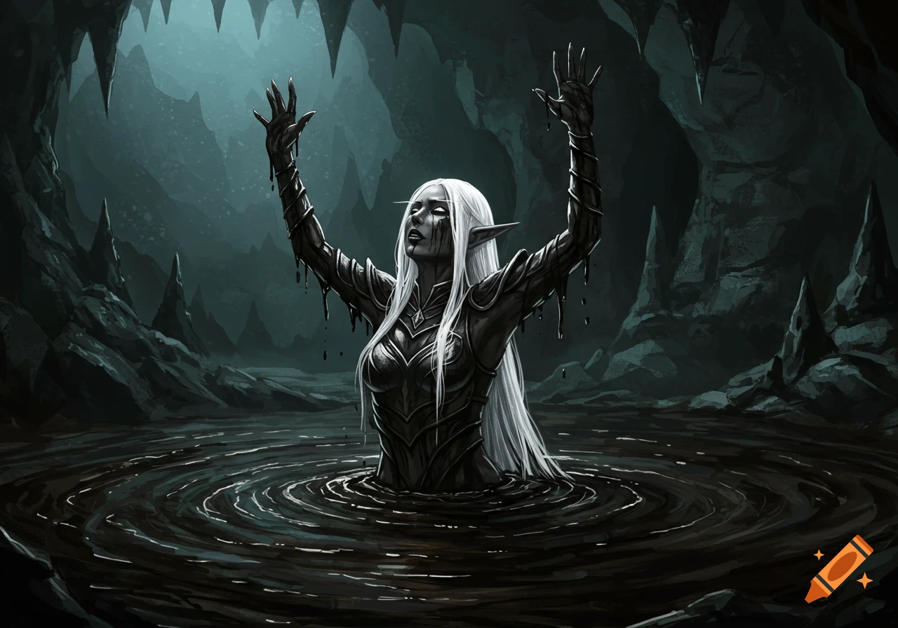 A white-haired dark elf in armor emerges from a pool of tar in a dark cavern, arms raised.
