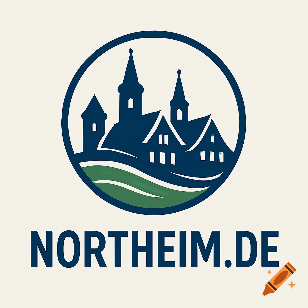 A minimalist logo with dark blue stylized buildings and green hills inside a circular frame, with 'NORTHEIM.DE' text below.