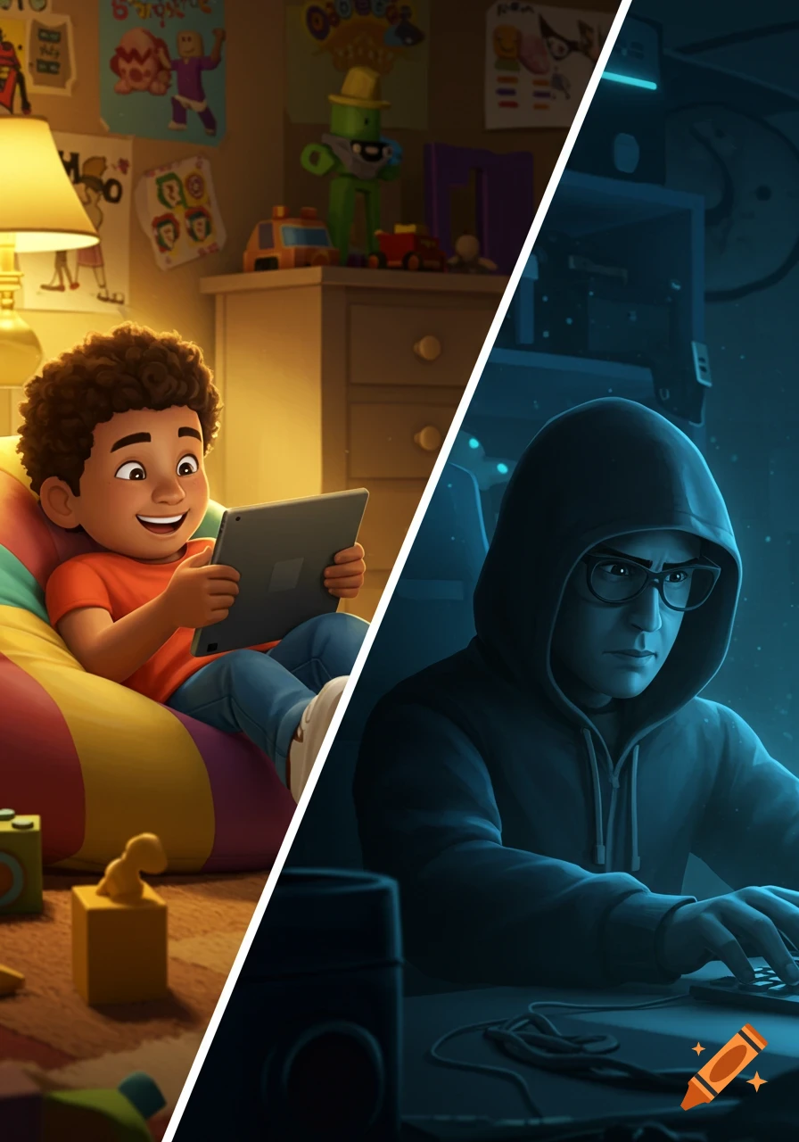 Split digital illustration: a cheerful boy plays on a tablet in a bright room, and a hooded adult works at a computer in a dark room.