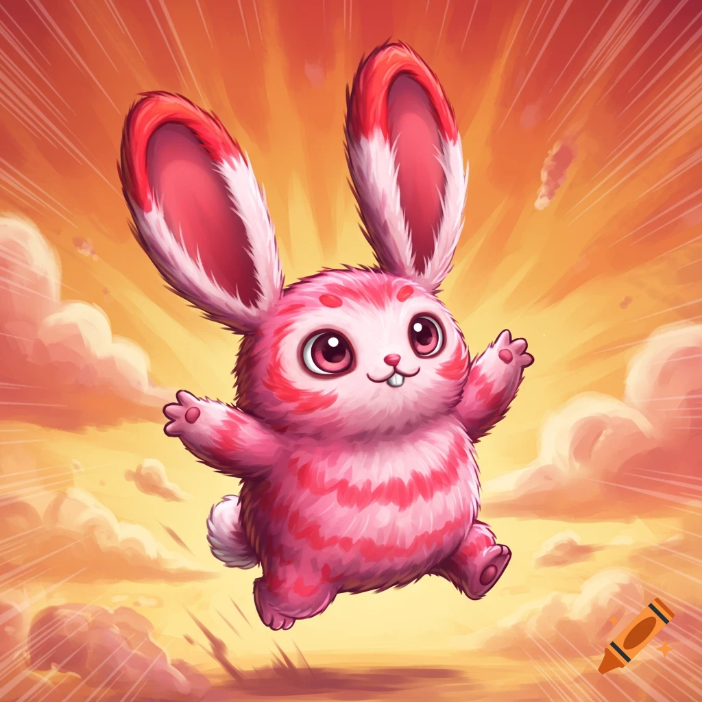 A fluffy, pink and red cartoon bunny monster with large ears leaps joyfully against a vibrant orange and yellow sky with stylized clouds.